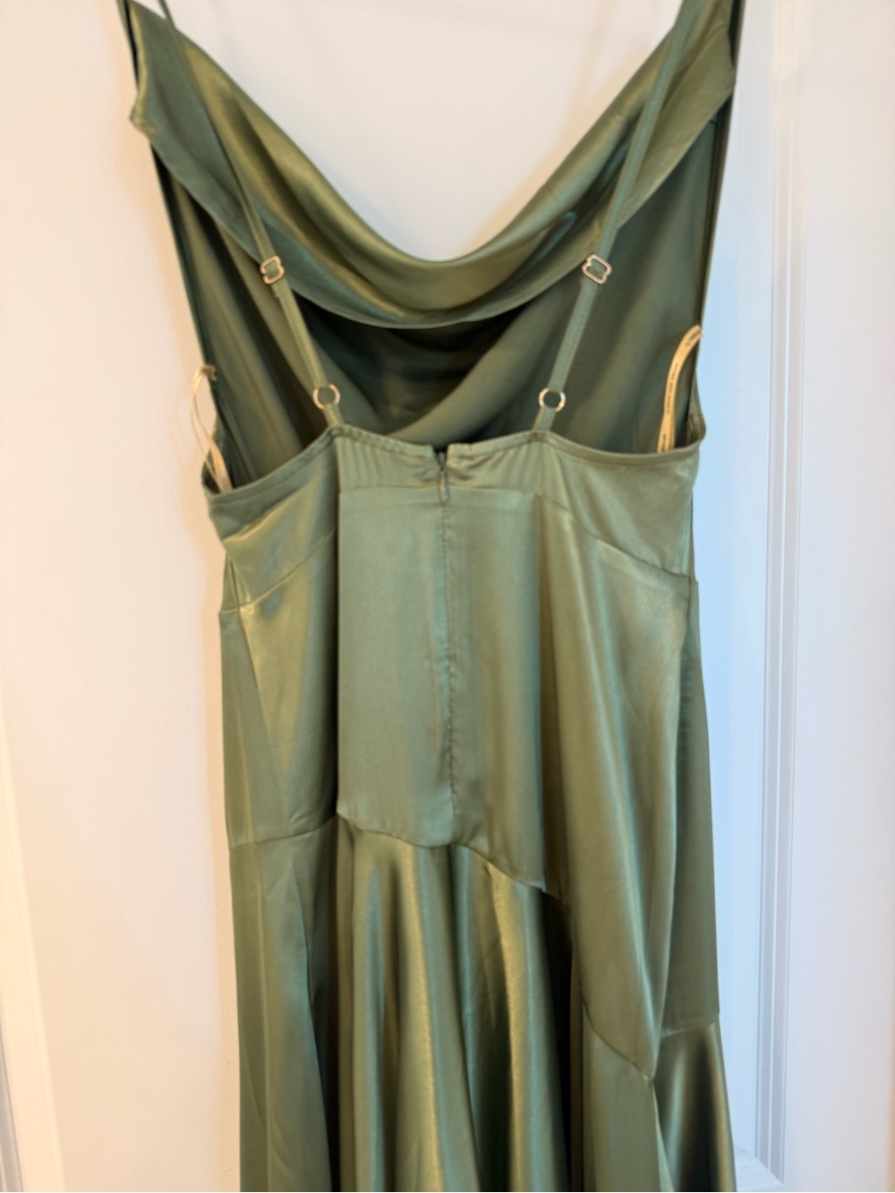NEW Bronx Banco Leo Sage Maxi Dress, Olive Green Satin Cowl Neck Evening Gown - Picture 8 of 16